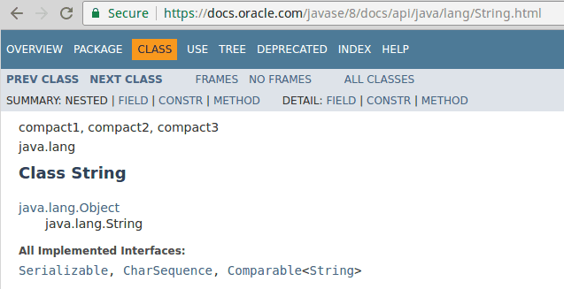 A screenshot of the String Class API documentation. The screenshot shows that the String class inherits the class Object.